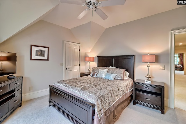 104 Preserve Ln, Columbia, SC 29209 - bedroom with light colored carpet, baseboards, ceiling fan, and lofted ceiling