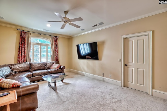 104 Preserve Ln, Columbia, SC 29209 - carpeted living room featuring ornamental molding, a ceiling fan, and baseboards
