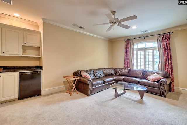 104 Preserve Ln, Columbia, SC 29209 - living area with light carpet, ornamental molding, baseboards, a ceiling fan, and recessed lighting