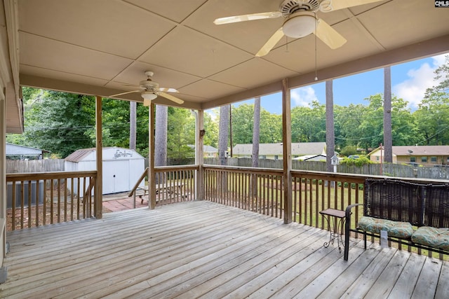 721 Seton Rd, Columbia, SC 29212 - wooden deck featuring ceiling fan, a shed, and a fenced backyard