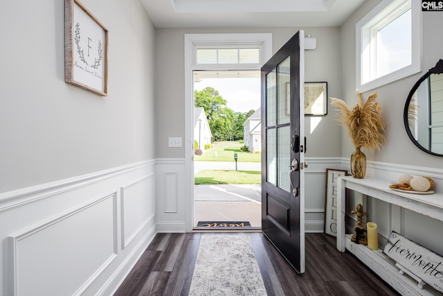 entrance foyer with plenty of natural light, dark wood-type flooring, a wainscoted wall, and a decorative wall