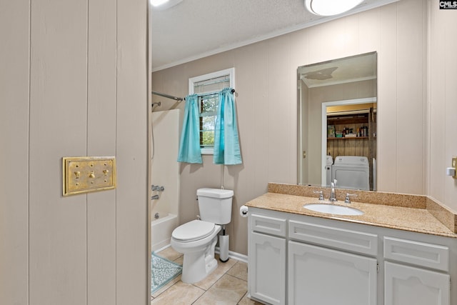 4117 Beecliff Dr, Columbia, SC 29205 - bathroom featuring washer and clothes dryer, ornamental molding, toilet, vanity, and tub / shower combination
