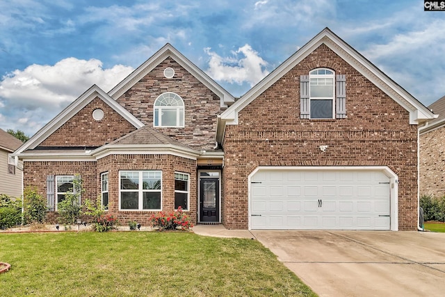 606 Meadow Grass Ln, Lexington, SC 29072 - traditional-style house featuring driveway, brick siding, a front lawn, and a garage