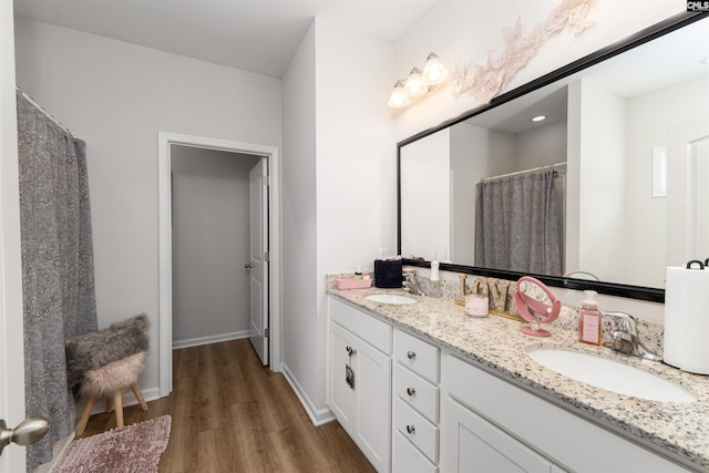 603 Rose Quartz Ln, Lexington, SC 29073 - full bathroom with wood finished floors, double vanity, baseboards, and a shower with curtain