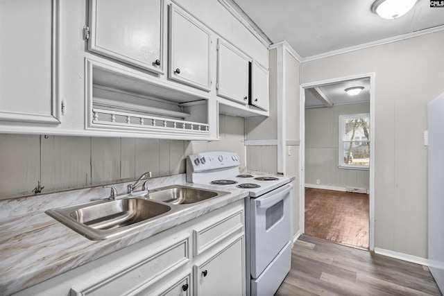 4717 Linden St, Columbia, SC 29203 - kitchen featuring electric range, light countertops, a sink, wood finished floors, and white cabinetry