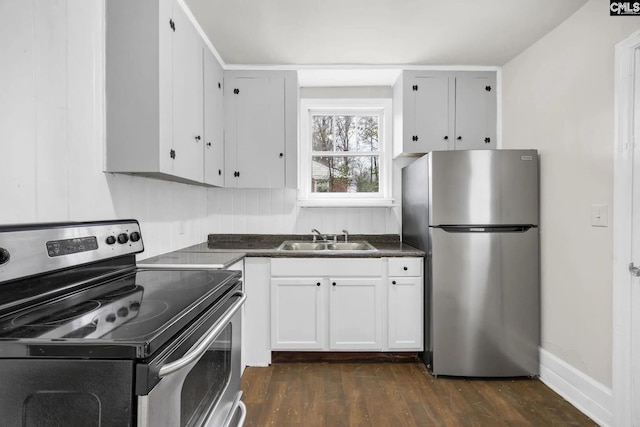 322 Glenn Ave, Columbia, SC 29203 - kitchen featuring stainless steel appliances, a sink, dark wood-style flooring, white cabinets, and dark countertops