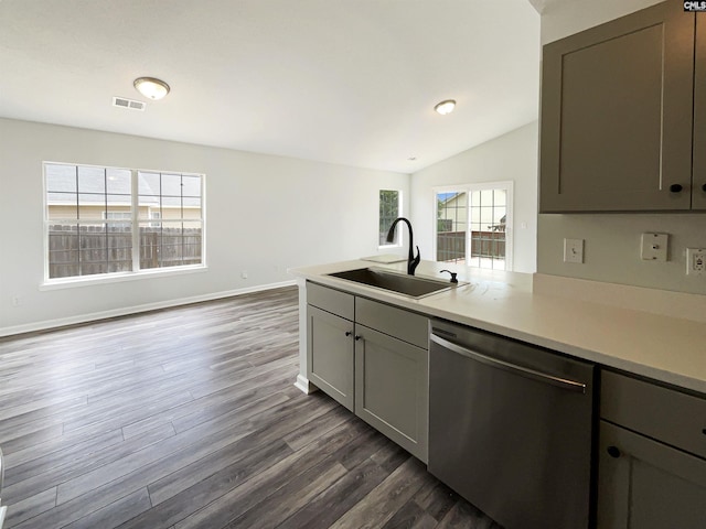 8 Brushwood Ct, Columbia, SC 29229 - kitchen featuring a sink, dishwasher, healthy amount of natural light, dark wood-style floors, and lofted ceiling