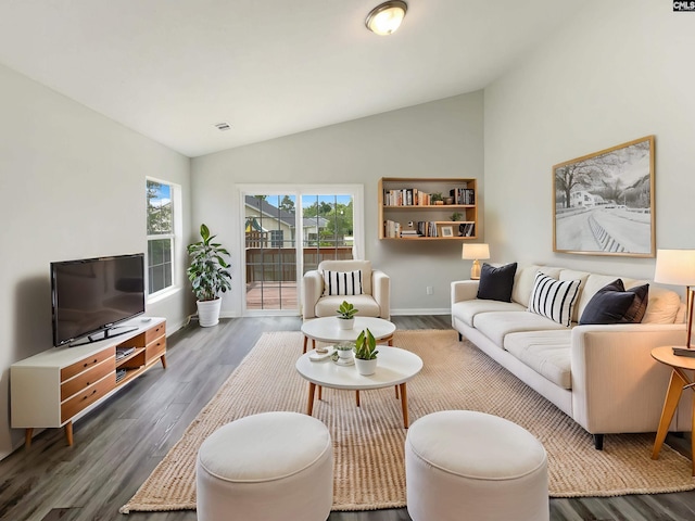 8 Brushwood Ct, Columbia, SC 29229 - living room featuring vaulted ceiling, dark wood-type flooring, and baseboards