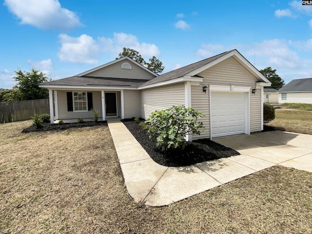 8 Brushwood Ct, Columbia, SC 29229 - ranch-style house featuring concrete driveway, an attached garage, fence, roof with shingles, and covered porch