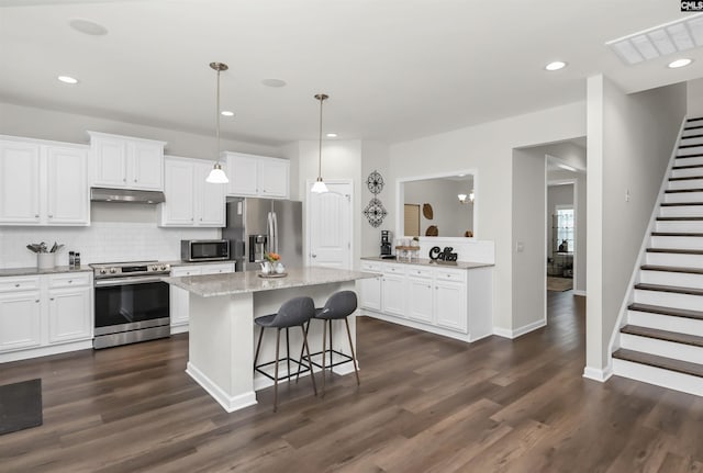 436 N Cobia Ct, Irmo, SC 29063 - kitchen featuring stainless steel appliances, under cabinet range hood, a kitchen island, dark wood-style flooring, and recessed lighting