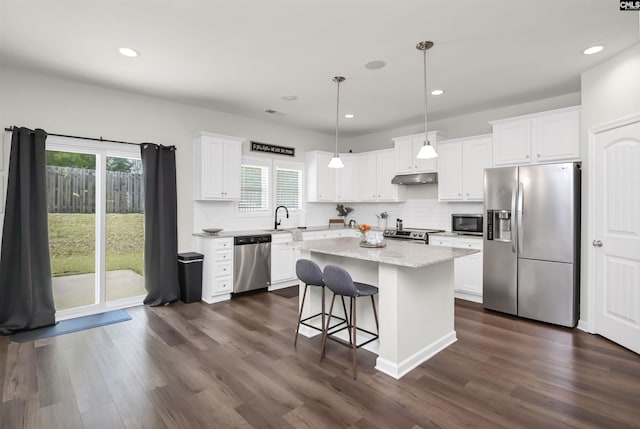 436 N Cobia Ct, Irmo, SC 29063 - kitchen with stainless steel appliances, under cabinet range hood, white cabinets, backsplash, and dark wood finished floors