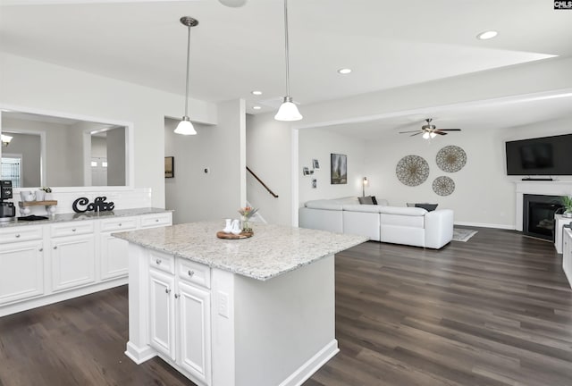 436 N Cobia Ct, Irmo, SC 29063 - kitchen featuring open floor plan, dark wood-type flooring, white cabinets, recessed lighting, and ceiling fan