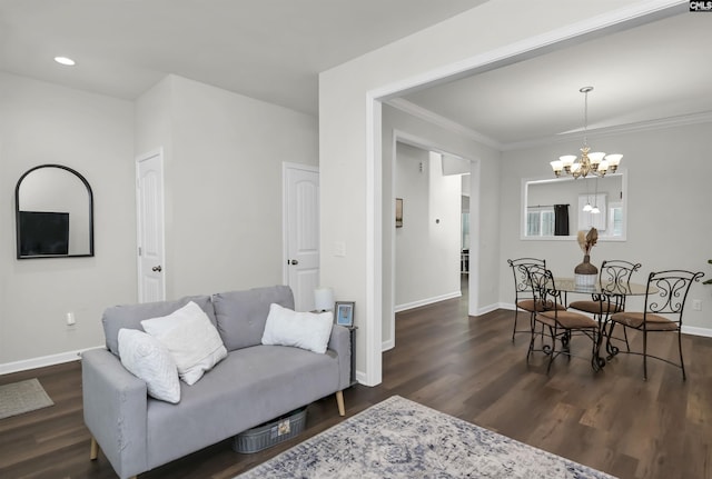 436 N Cobia Ct, Irmo, SC 29063 - living area with ornamental molding, a chandelier, dark wood finished floors, baseboards, and recessed lighting