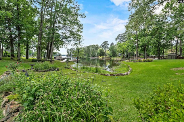 view of grassy yard featuring a water view