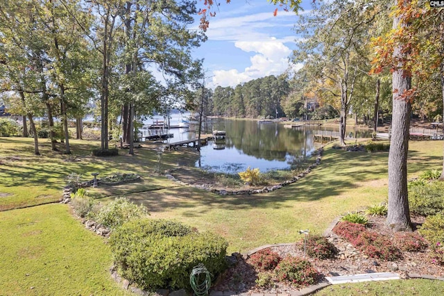 dock area featuring a water view and a yard