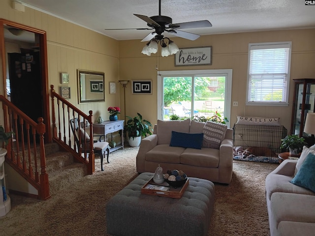 6603 Christie Rd, Columbia, SC 29209 - living area featuring carpet flooring, a ceiling fan, crown molding, and stairway