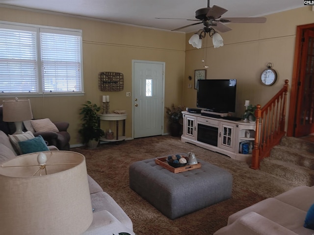 6603 Christie Rd, Columbia, SC 29209 - living room with carpet, a ceiling fan, healthy amount of natural light, ornamental molding, and stairway