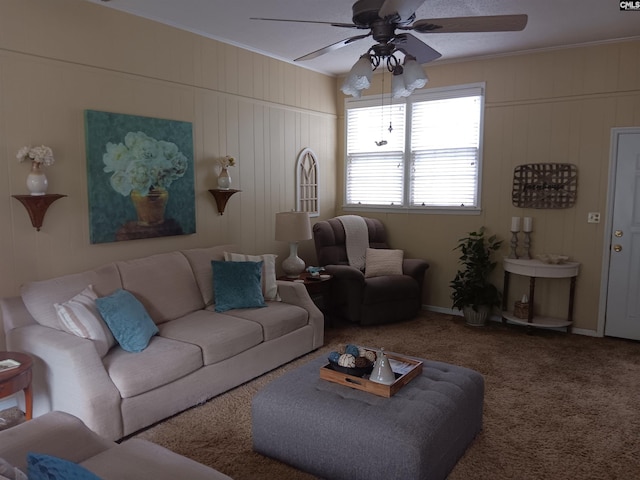 6603 Christie Rd, Columbia, SC 29209 - living area featuring ceiling fan, ornamental molding, and carpet floors