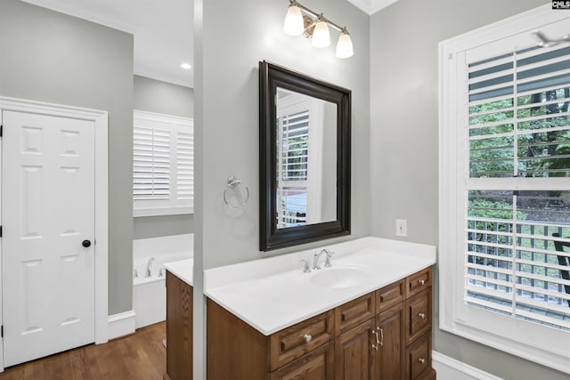 full bathroom with vanity, wood finished floors, a bath, and baseboards