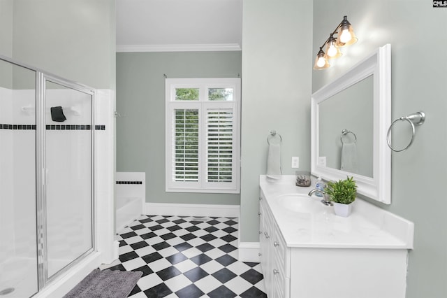 bathroom with a stall shower, tile patterned floors, vanity, ornamental molding, and a garden tub
