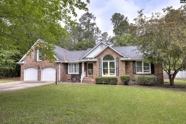 ranch-style home with brick siding, concrete driveway, an attached garage, and crawl space