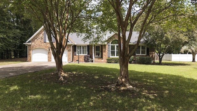 ranch-style house featuring concrete driveway, brick siding, and an attached garage