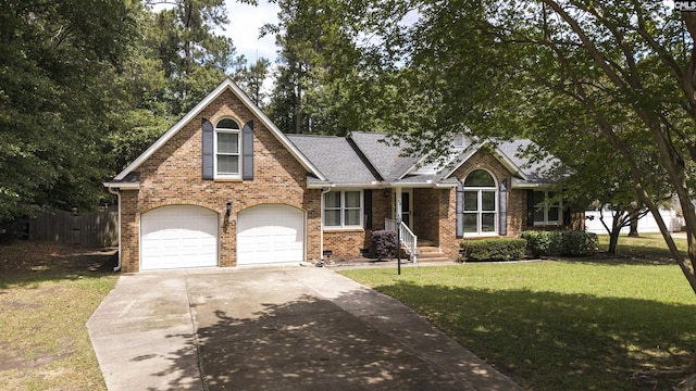 view of front of property featuring brick siding, concrete driveway, an attached garage, and a shingled roof
