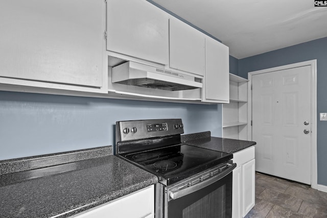 7608 Stone St, Columbia, SC 29209 - kitchen featuring stainless steel electric stove, under cabinet range hood, white cabinets, and open shelves