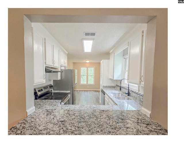 kitchen with appliances with stainless steel finishes, a sink, under cabinet range hood, light stone counters, and white cabinets