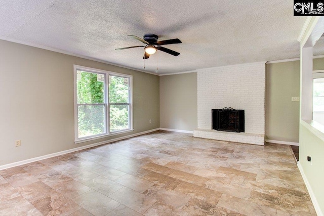 7905 Castleton Ln, Columbia, SC 29223 - unfurnished living room featuring a ceiling fan, a textured ceiling, light stone finish flooring, a fireplace, and baseboards