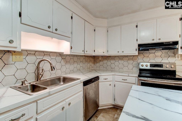 7905 Castleton Ln, Columbia, SC 29223 - kitchen with under cabinet range hood, appliances with stainless steel finishes, a sink, white cabinetry, and decorative backsplash