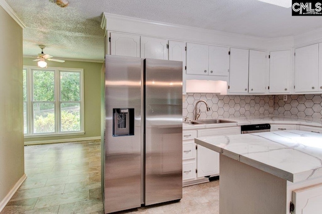 7905 Castleton Ln, Columbia, SC 29223 - kitchen with stainless steel fridge with ice dispenser, a sink, backsplash, ceiling fan, and white cabinets