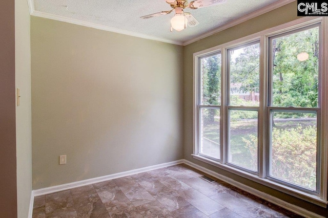 7905 Castleton Ln, Columbia, SC 29223 - empty room featuring healthy amount of natural light, baseboards, a ceiling fan, crown molding, and a textured ceiling