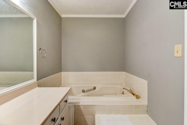 7905 Castleton Ln, Columbia, SC 29223 - bathroom with a garden tub, vanity, a textured ceiling, and crown molding