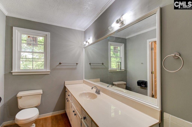 7905 Castleton Ln, Columbia, SC 29223 - bathroom with toilet, crown molding, vanity, wood finished floors, and a textured ceiling