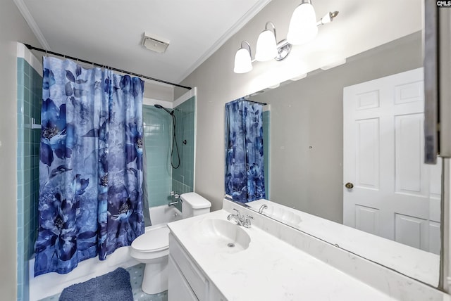 full bathroom featuring ornamental molding, toilet, shower / bathtub combination with curtain, and vanity
