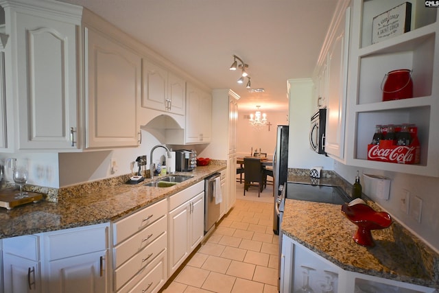 2 Indian Creek Trl, Lexington, SC 29072 - kitchen with a sink, open shelves, appliances with stainless steel finishes, white cabinets, and a chandelier