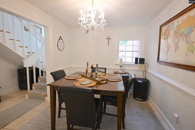 2 Indian Creek Trl, Lexington, SC 29072 - dining space featuring stairs, a chandelier, light tile patterned flooring, and ornamental molding