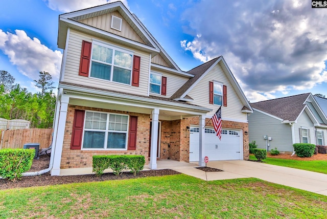 view of front of home with brick siding, a garage, concrete driveway, board and batten siding, and covered porch