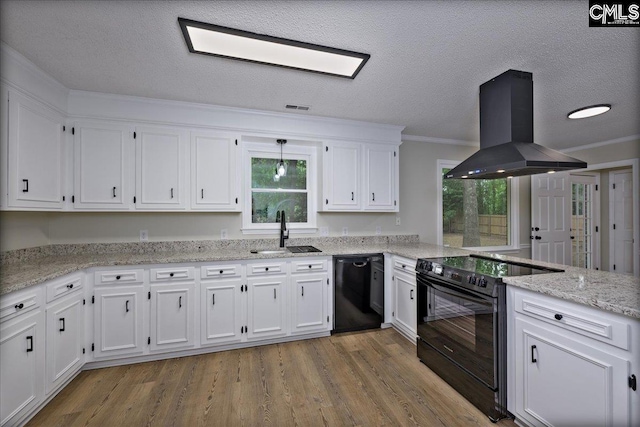 1045 Manchester Cir, Sumter, SC 29154 - kitchen with a sink, black appliances, island range hood, white cabinetry, and plenty of natural light