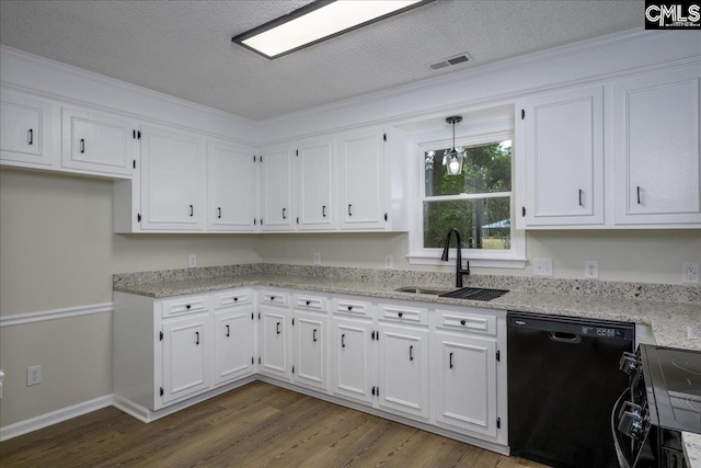 1045 Manchester Cir, Sumter, SC 29154 - kitchen featuring black appliances, a sink, dark wood-type flooring, white cabinetry, and light stone counters