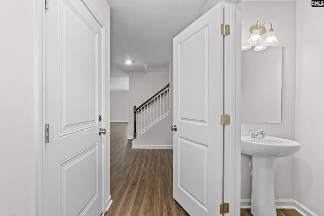 2794 Prince Charles Ct, Columbia, SC 29209 - bathroom with baseboards, wood finished floors, recessed lighting, and a sink