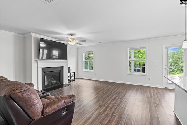 2794 Prince Charles Ct, Columbia, SC 29209 - living area with dark wood-style floors, a glass covered fireplace, ceiling fan, baseboards, and crown molding