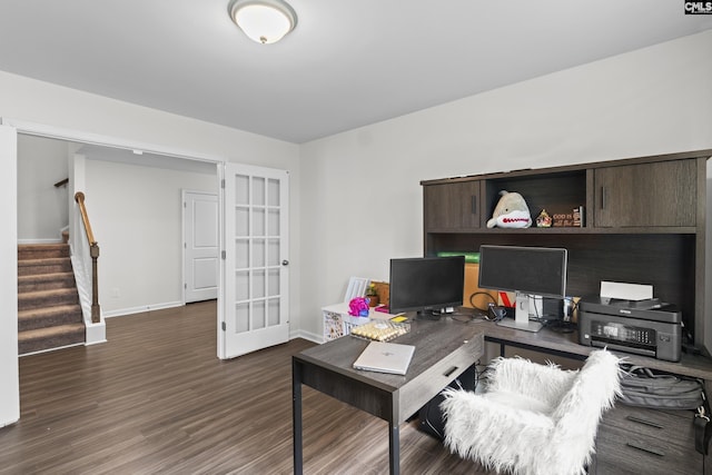 2794 Prince Charles Ct, Columbia, SC 29209 - office area featuring dark wood finished floors, baseboards, and french doors