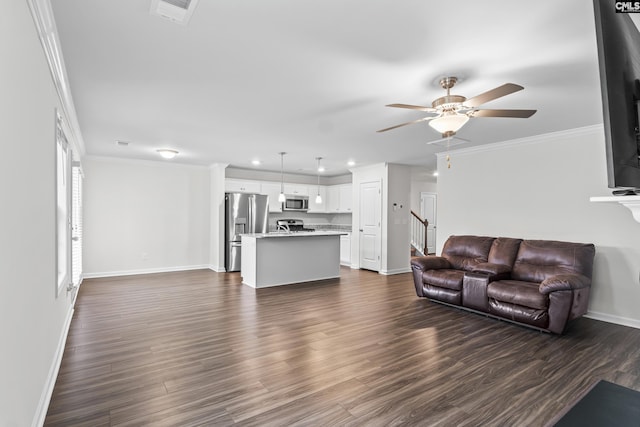 2794 Prince Charles Ct, Columbia, SC 29209 - living area with baseboards, a ceiling fan, dark wood-type flooring, recessed lighting, and crown molding