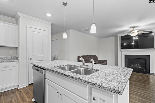 2794 Prince Charles Ct, Columbia, SC 29209 - kitchen with a sink, stainless steel dishwasher, open floor plan, ceiling fan, and ornamental molding