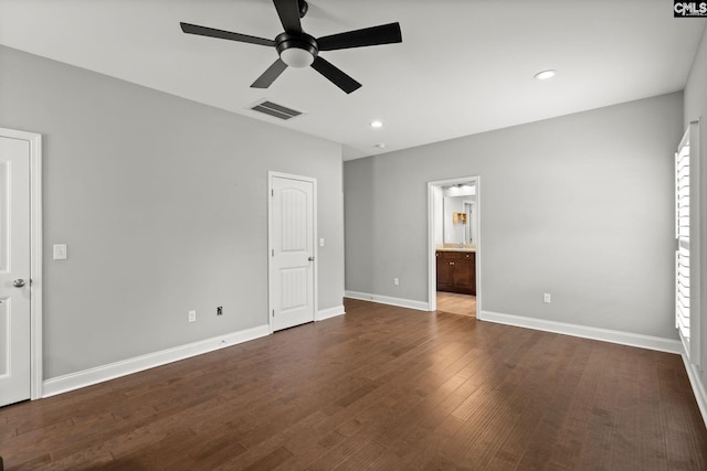1307 Dusty Rd, Cope, SC 29038 - unfurnished bedroom featuring recessed lighting, dark wood-style flooring, baseboards, connected bathroom, and a ceiling fan