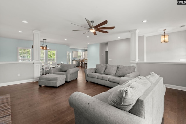 1307 Dusty Rd, Cope, SC 29038 - living room featuring decorative columns, ceiling fan, recessed lighting, dark wood-style floors, and baseboards