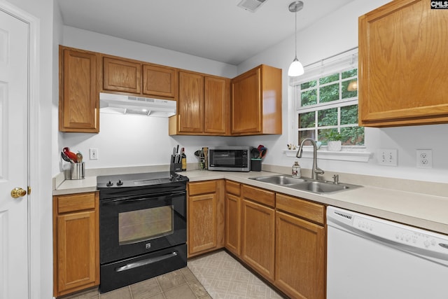 311 Coventry Lake Dr, Lexington, SC 29072 - kitchen with white dishwasher, under cabinet range hood, black range with electric cooktop, a sink, and stainless steel microwave