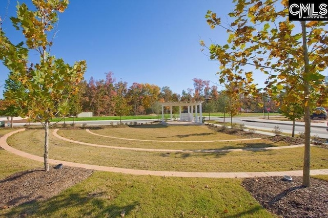 view of community featuring a pergola and a yard